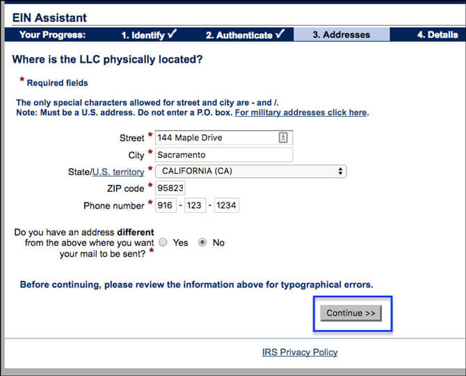 Apply for EIN LLC Online Physical Location