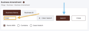 An orange arrow points to an orange box around the words River. And a blue arrow points to the Search button.