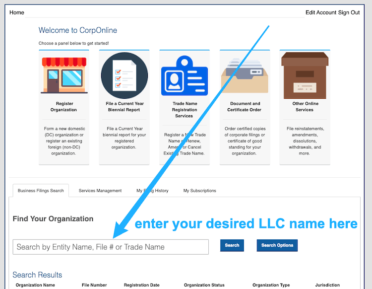Screenshot with instructions on how to use the DC Business Entity Search
