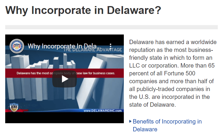 Harvard Business Services tries to persuade you to incorporate in Delaware.