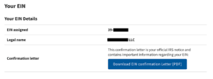 The IRS EIN Confirmation page allows you to download your EIN Confirmation Letter in PDF format.