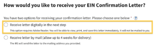A yellow box on the IRS EIN application outlines the option of receiving the EIN Confirmation Letter digitally.