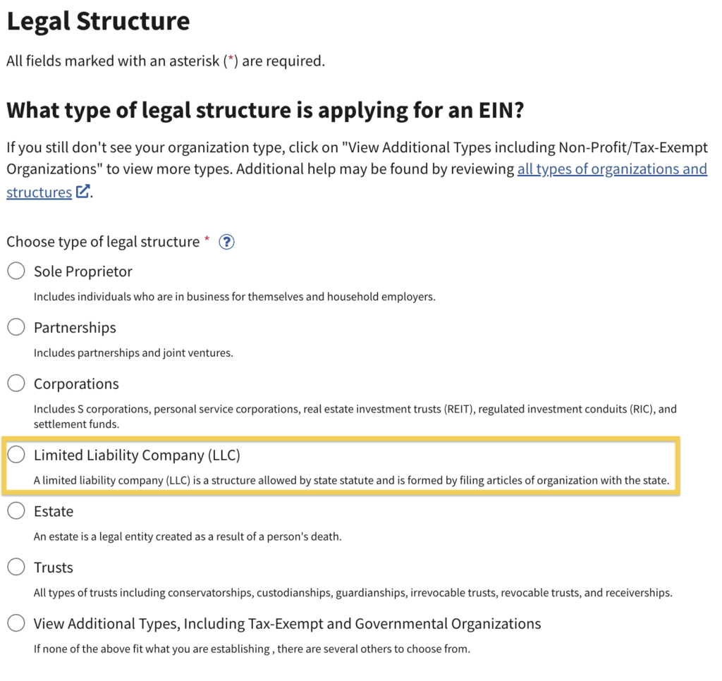 Apply for EIN LLC Online Type of Structure
