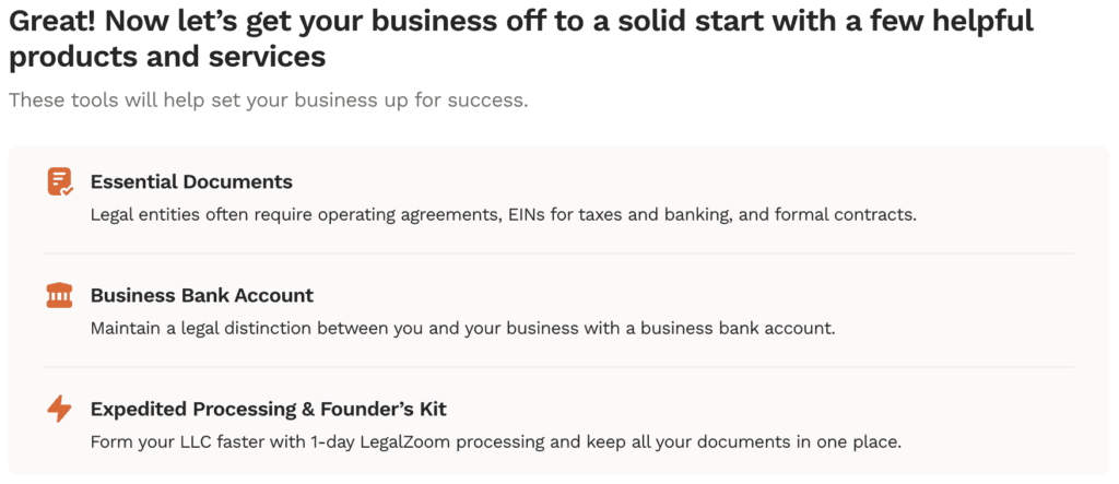 LegalZoom upsells include items and packages called "Essential Documents", "Business Bank Account", and "Expedited Processing & Founder's Kit".