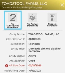 Michigan LARA online filing system has the words File Subsequent document and its associated icon surrounded with a blue rectangle. Clicking this icon will open a menu to select your Certificate of Amendment filing.