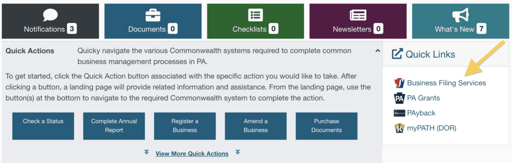In the Pennsylvania Department of State's business portal, a yellow arrow points to a link labeled Business Filing Services, located in the right hand navigation menu.