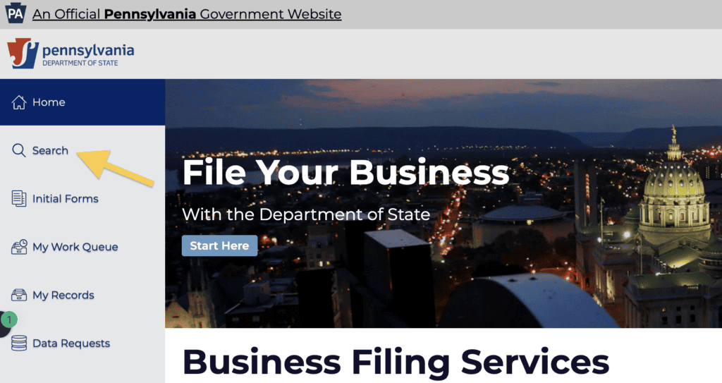 On the Pennsylvania Department of State's Business Filing Services page, a yellow arrow points to the word Search in the left-hand navigation menu.