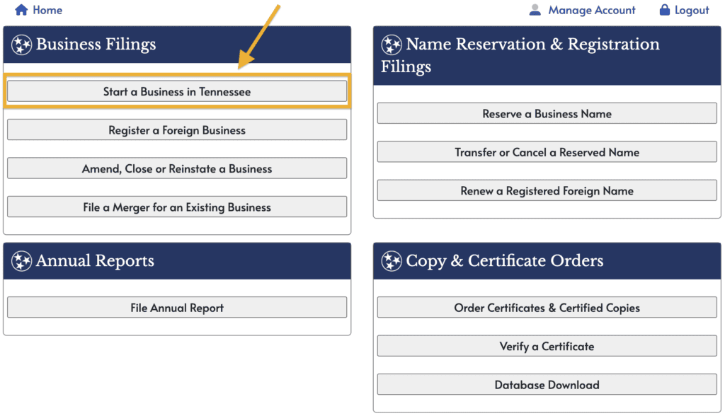 An orange arrow points to a button labeled Start a Business in Tennessee that's also surrounded by an orange rectangle.