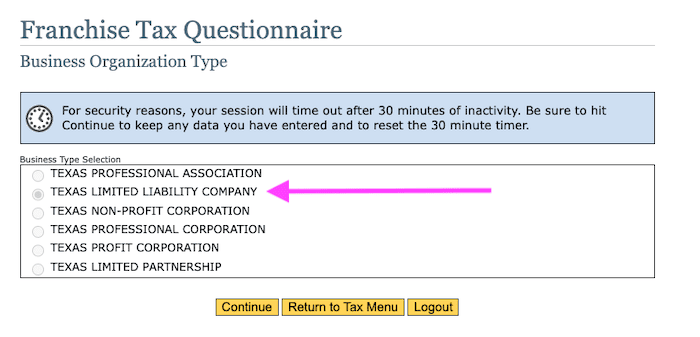 Select Business Type in Texas Franchise Tax Questionnaire