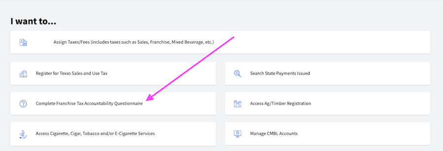Texas Franchise Tax Questionnaire button in WebFile