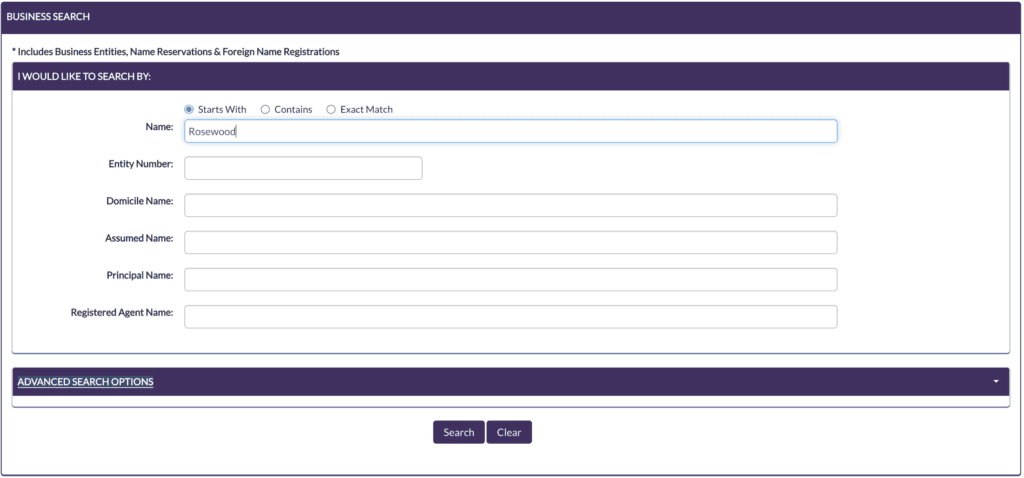 The search box labeled Name contains the term, Rosewood. It illustrates how to search for an LLC name in the Utah Business Entity Search Results.