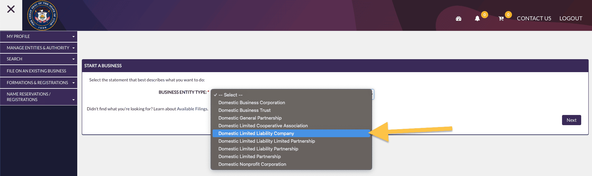 A yellow arrow points to the, Domestic Limited Liability Company, selection in the Business Entity Type dropdown menu on the Utah Division of Corporations Business Registration System.
