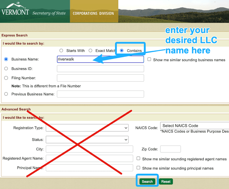 Screenshot with instructions on how to use the Vermont Business Entity Search