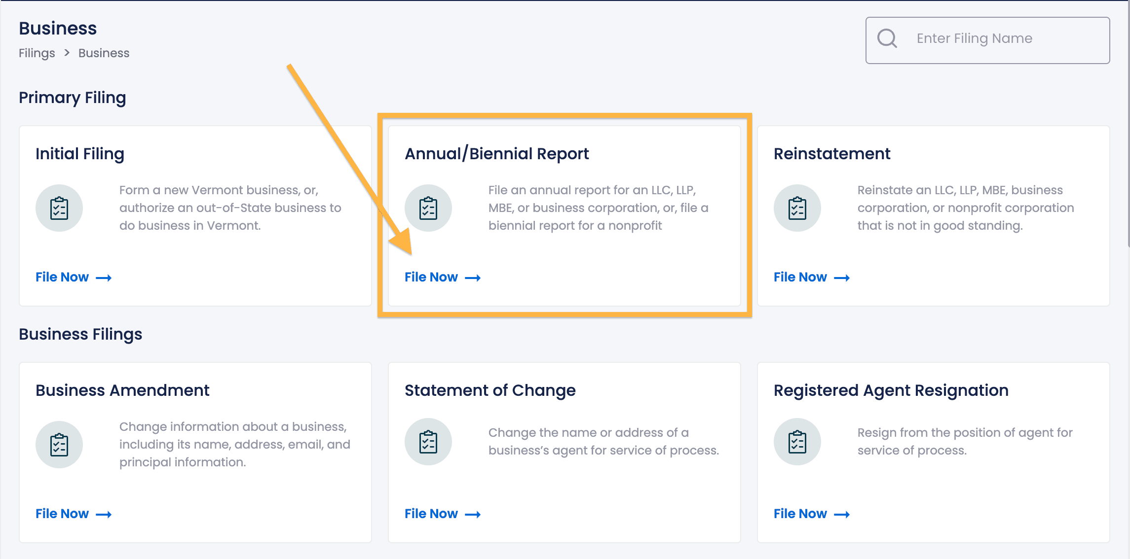 In the Vermont Business Filings Dashboard, an orange arrow points to an orange rectangle that surrounds the word Filings. These items are in a section labeled Annual/Biennial Report.